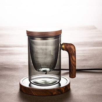 容山堂玻璃茶水分离杯加热泡茶杯日式简约办公杯水杯实木保温底座烟