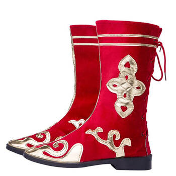 男女儿童民族风藏族舞蹈演出鞋蒙古族新疆舞长筒表演靴子马靴 红色