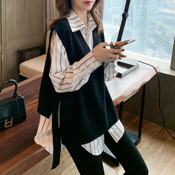 盼莱薇大码针织马甲女宽松型200斤法式胖妹妹遮肚子条纹女生春秋马夹