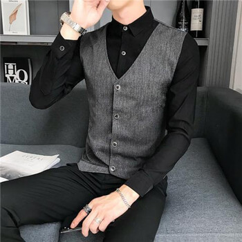 ktv少爷服装男男服务员工作服秋冬装马甲长袖加绒衬衫潮 黑灰色常规 l