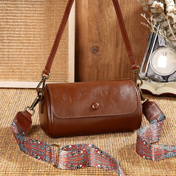 酷奇袋鼠女式圆桶式皮包岩牛新款ins风头层牛包圆筒包复古时尚女士单