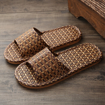 家用藤编凉拖鞋居家夏季草编竹子室内家居地板软底防滑男士夏天黑滕草