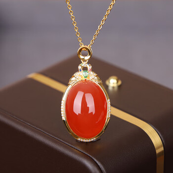 南红吊坠原矿保山南红冰红吊坠女 18k金镶冰飘宝石项链 高端大气 18k