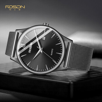 劳士顿(rosdn)手表男时尚简约男士手表超薄防水带日历石英腕表 黑面网