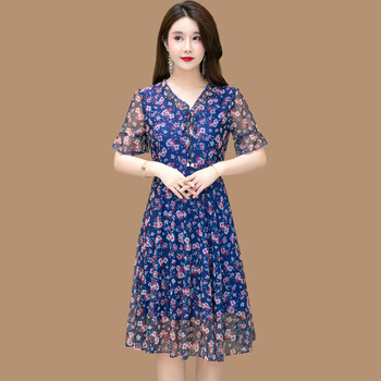 轩名媞中年妇女夏天连衣裙新款小个子女士夏款裙子碎花女夏季洋蓝色l
