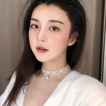 wczchoker项圈珍珠颈链甜酷锆石蝴蝶短项链女锁骨链白色蕾丝小花项圈