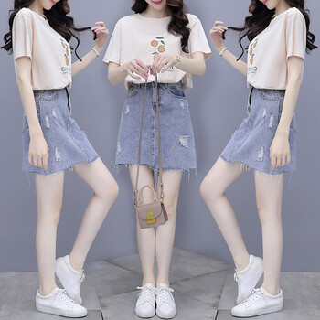 新品女装圆领休闲印花t恤时尚牛仔短裙连衣裙两装女 t恤 牛仔裙套装 s