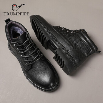 烟斗棉鞋男头层牛皮加厚真羊毛保暖冬季男靴高帮中老年人雪地靴棉皮鞋