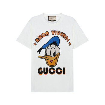 gucci古驰 女士白色disney x gucci唐老鸭刺绣棉质超大造型圆领短袖