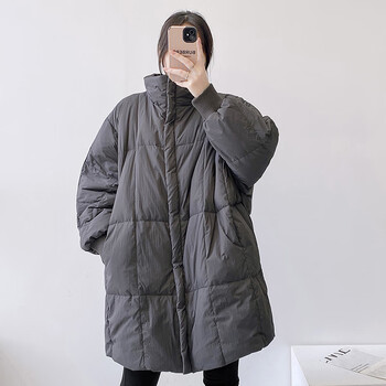 年新款蝙蝠袖羽绒服女中长款宽松时尚大码白鸭绒保暖冬季外套 灰色 m
