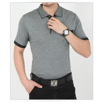 七匹狼高档中老年人男装夏天翻领短袖体恤老人衣服夏装桑蚕丝爸爸墨绿