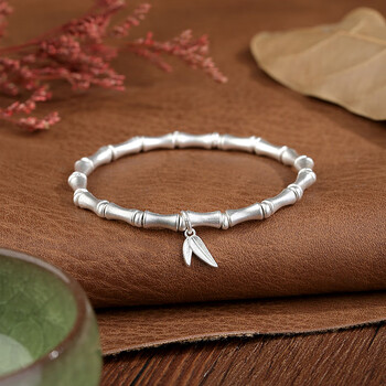 琦汪嵋s999银竹节手链女传承古法磨砂手串刻字简约网红足银国潮首饰品