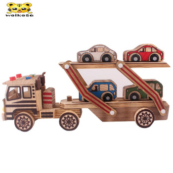 木头卡车玩具儿童双层运输车男孩平板车模型木质小汽车模型平板运输车