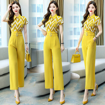 阔腿裤套装女夏2021新款休闲时尚显瘦轻熟风雪纺裤裙两职业装黄色m
