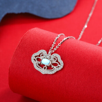 周大古平安锁项链女生925银福感月光石如意锁吊坠少女锁骨链520礼物白