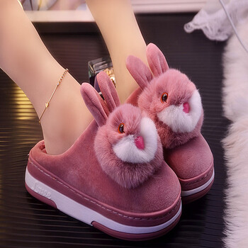棉拖鞋女厚底防滑卡通小兔子松糕跟高底毛毛鞋冬季居家保暖月子鞋mt