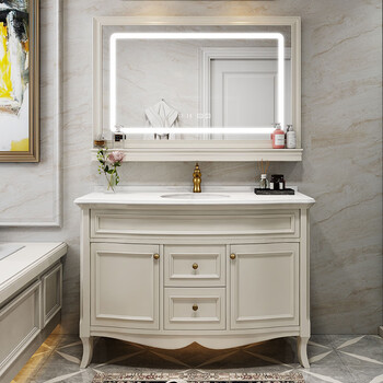 凸凸卫浴 美式弧形洗手盆浴室柜组合橡木洗漱池卫浴柜定制洗手台洗浴