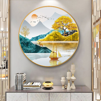 画山水画入户玄关画走廊过道尽头客厅壁画挂画立体镶钻晶瓷 富水金山
