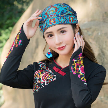 帽民族风高质量女帽四季复古休闲旅游拍照刺绣花四色百搭包头女帽蓝色