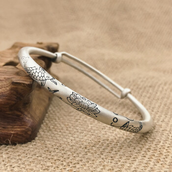 催雪银手镯女款开口莲花双鱼复古做旧银镯子七夕送女友情人礼物双鱼古