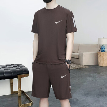 ny冰丝运动套装男士夏季凉感潮牌短袖短裤休闲帅气两件套泳泳咖啡色