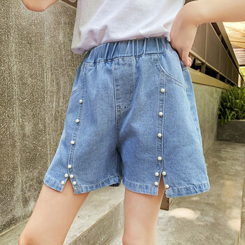 儿童短裤夏装新款中大童休闲百搭牛仔裤学生女孩3-14岁 开叉珍珠短裤