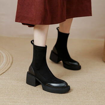 德子彬粗跟圆头防水台短靴绒面高跟弹力瘦瘦靴韩版拼接加绒女马丁靴