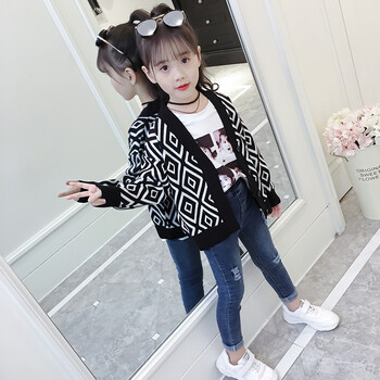 童装中大童双面风衣女童针织开衫外套2018新款韩版v领时尚儿童秋装