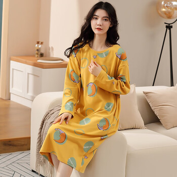 睡衣女春秋季纯棉长袖睡裙宽松大码长款过膝全棉家居服甜美可外穿pm