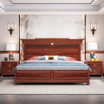 桠棠乌金木实木床中式仿古雕花双人床 1.8米气压床 椰棕床垫 床头柜*2