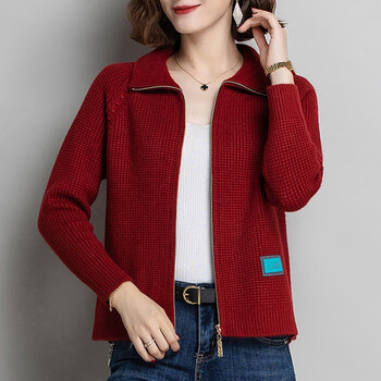 宾他她轻奢品牌毛衣外套女春秋针织开衫大码2023龙年本命年红色女装