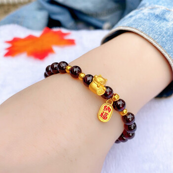 纳福牌黄金手链女玉石手串送男女友老婆礼物足金招财猫4金珠6mm石榴石