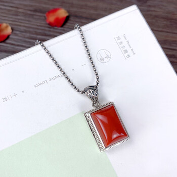 彩岸南红玛瑙吊坠925银四方形项链男女简约大气几何配饰品气质饰品