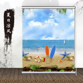 绘域卷帘窗帘阳台遮光升降手拉窗帘浴室打孔窗帘成品风景水墨山水画