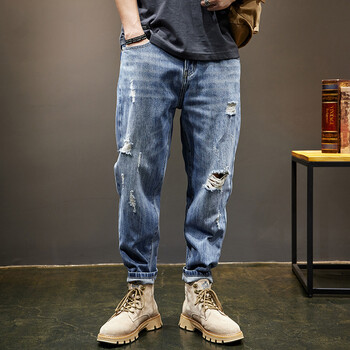 鱼头村破洞牛仔裤男宽松夏季九分哈伦裤男士潮牌蓝色复古牛子裤男生