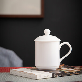 老板杯德化素烧白瓷会议杯陶瓷办公杯羊脂玉瓷带盖马克杯老板精品个人