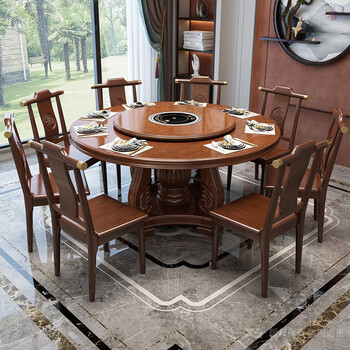 南言广布 实木餐桌椅组合新中式火锅大圆桌带转盘现代简约家用圆形