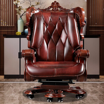 毅茗堂 美式雕花老板椅霸气真皮实木龙椅宝座升降可躺总裁大班椅电脑