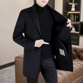 乔衫岚秋冬男士手工双面呢羊绒大衣中长款西服领毛呢外套纯羊毛 黑色