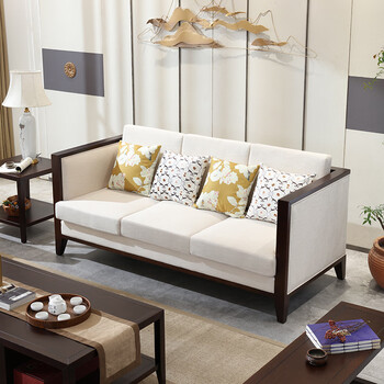 新中式白蜡木客厅实木沙发组合小户型布艺三人位现代中式家具 三人位