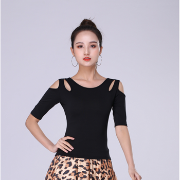 拉丁舞服装女成人性感服女新练功跳舞衣服摩登舞蹈上衣露肩夏黑色露肩