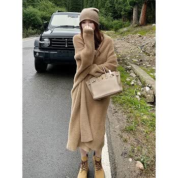 鹿仟浠水慵懒过膝女秋冬大衣感外套中长款针织开衫宽松毛衣卡其色长m