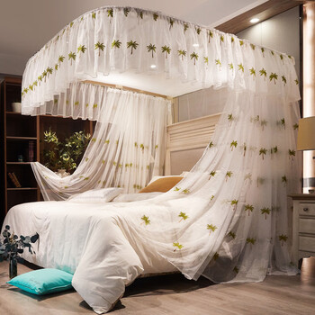 u型导轨道宫廷蚊帐三开门伸缩落地蚊帐15m18米2双人床家用导轨款椰子