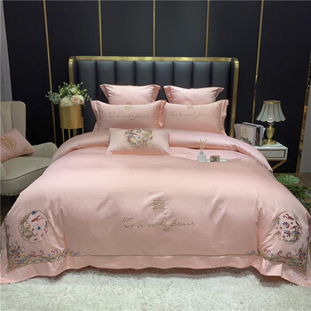 罗莱家纺官方旗舰店中式160s长绒棉贡缎婚庆全棉四件套粉色结婚纯棉