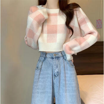 京蝌蝌粉色截短款毛衣女秋冬内搭高腰针织打底衫卡腰