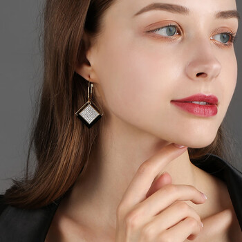 宜炫925银针个风耳环女网红年新款时尚几何菱形耳饰香槟金色黑色菱形