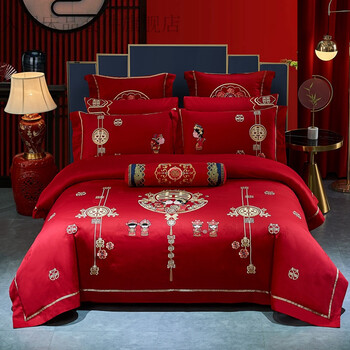 简约四季通用结婚四件套全棉婚庆刺绣纯棉大红色六八十件套新婚房喜被