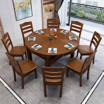 全实木餐桌椅组合10人可变圆桌伸缩折叠桌饭桌小户型家用8人餐桌 1.