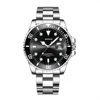 机芯男士手表日历商务夜光机械运动防水时尚潮手表 银钢带黑面水鬼