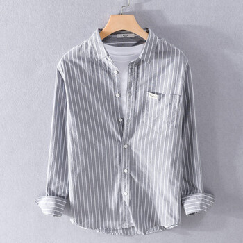 日系竖条纹长袖衬衫男士春秋装休闲青年潮流宽松棉质衬衣外套灰色2xl